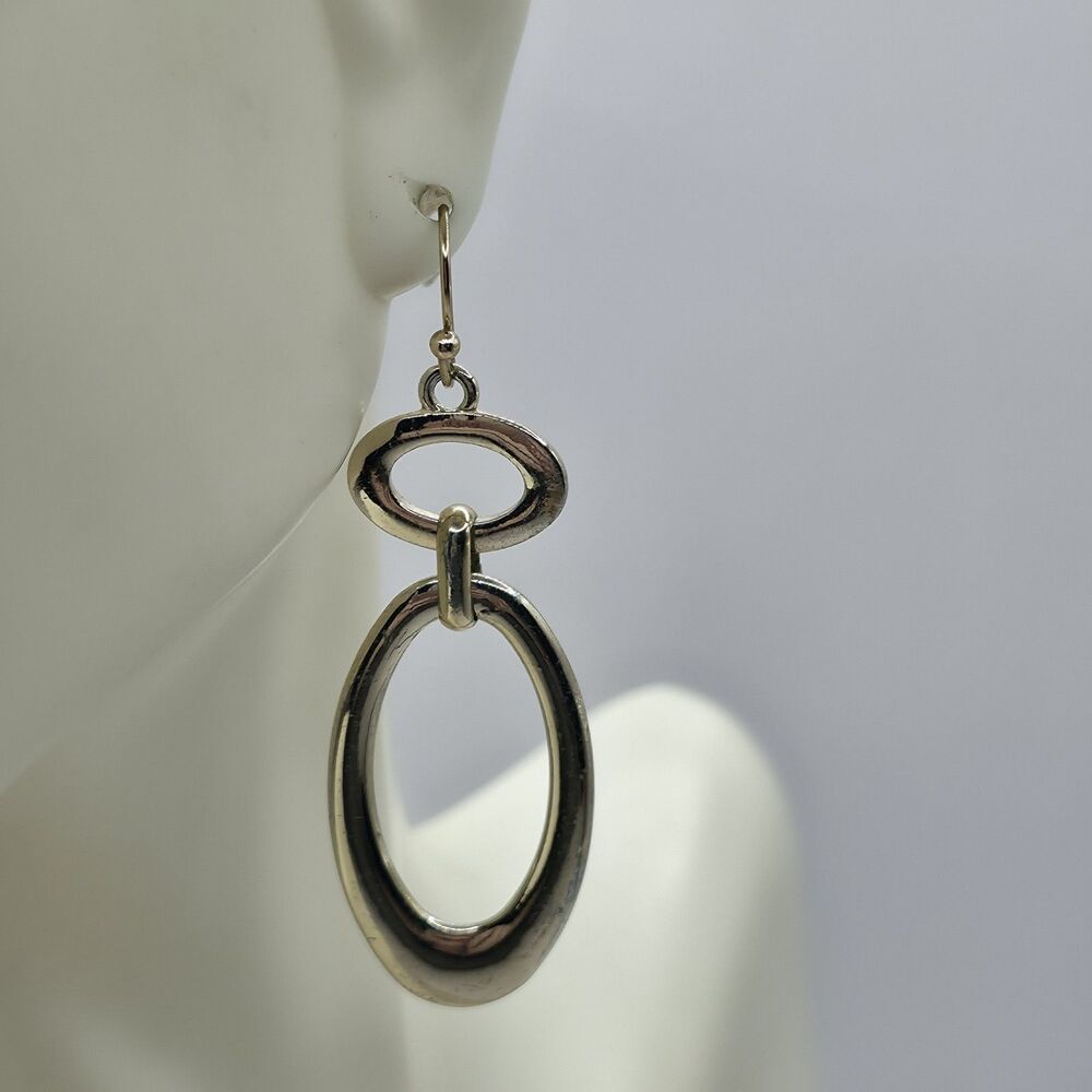 Silvertone Double Oval Modern Style Metal Pierced Earrings 2"